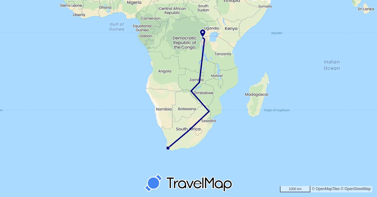 TravelMap itinerary: driving in Rwanda, South Africa, Zambia, Zimbabwe (Africa)