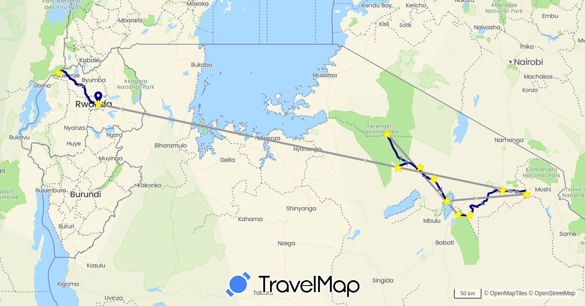 TravelMap itinerary: driving, plane in Rwanda, Tanzania (Africa)