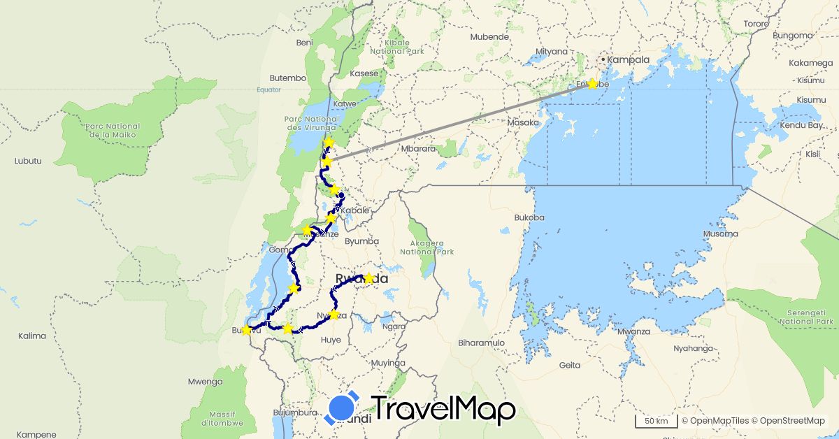TravelMap itinerary: driving, plane in Democratic Republic of the Congo, Rwanda, Uganda (Africa)