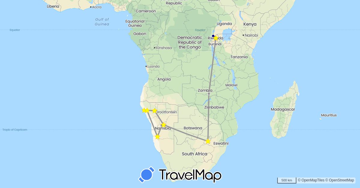 TravelMap itinerary: driving, plane in Namibia, Rwanda, South Africa, Zambia (Africa)