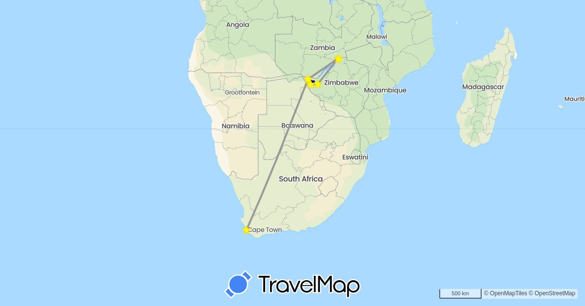 TravelMap itinerary: driving, plane in South Africa, Zimbabwe (Africa)