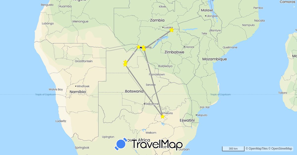 TravelMap itinerary: driving, plane in Botswana, South Africa, Zambia, Zimbabwe (Africa)