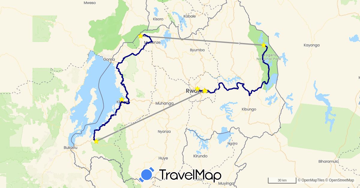 TravelMap itinerary: driving, plane in Rwanda (Africa)