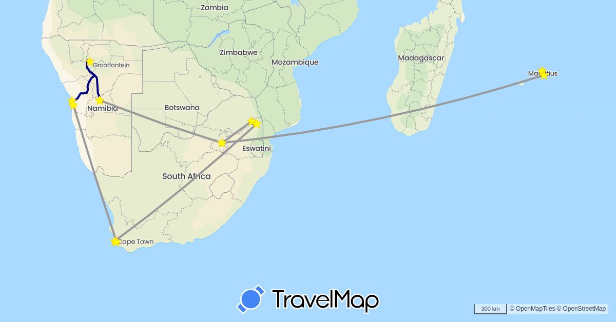 TravelMap itinerary: driving, plane in Mauritius, Namibia, South Africa (Africa)
