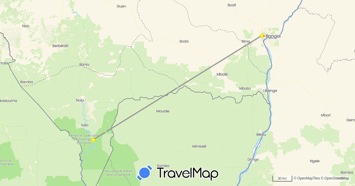 TravelMap itinerary: driving, plane in Central African Republic (Africa)