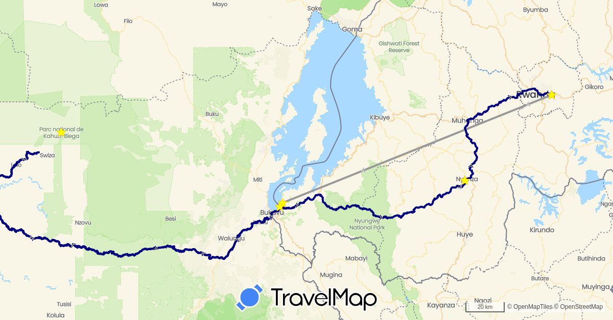 TravelMap itinerary: driving, plane in Democratic Republic of the Congo, Rwanda (Africa)