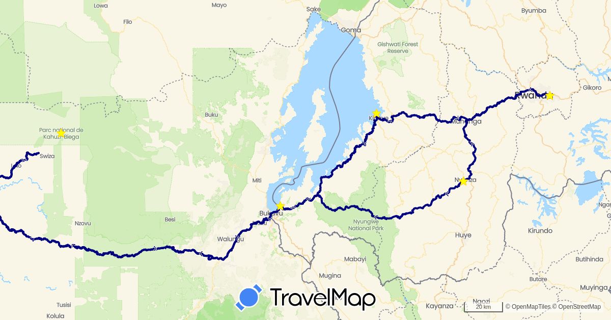 TravelMap itinerary: driving in Democratic Republic of the Congo, Rwanda (Africa)