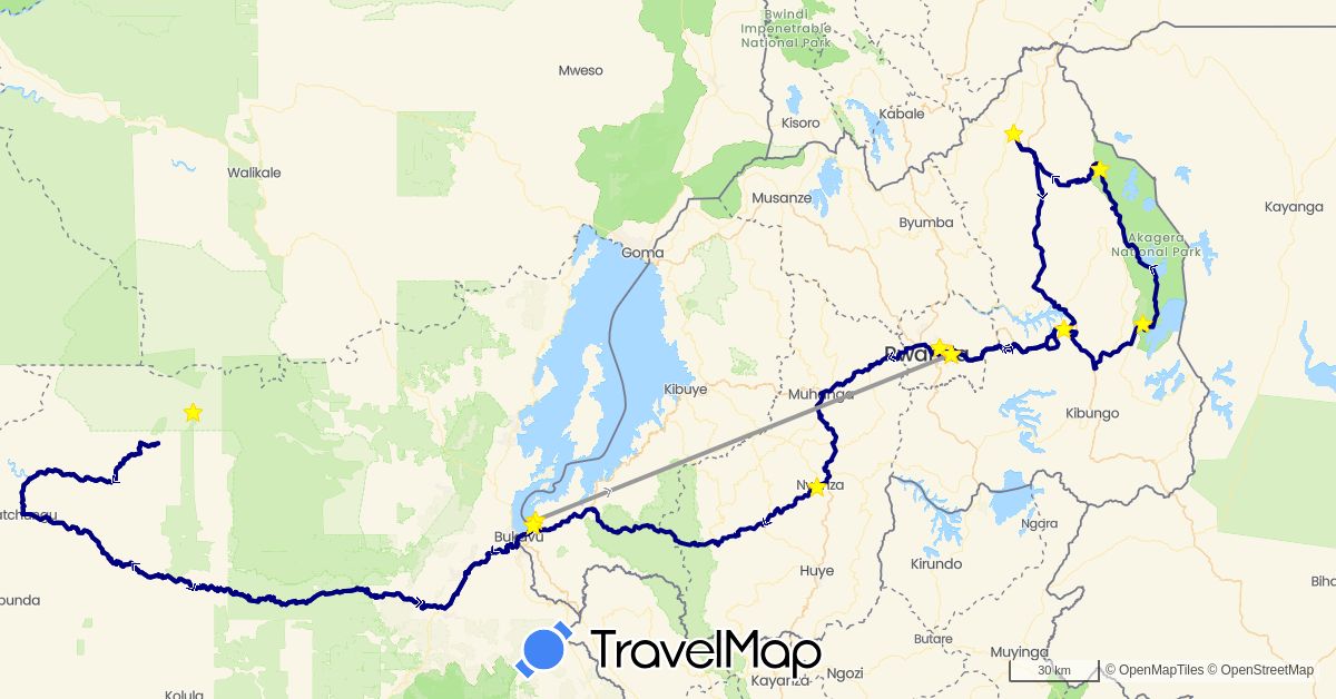 TravelMap itinerary: driving, plane in Democratic Republic of the Congo, Rwanda (Africa)