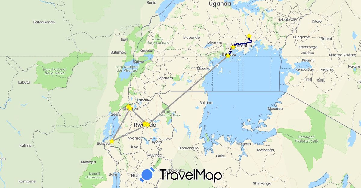TravelMap itinerary: driving, plane in Rwanda, Uganda (Africa)
