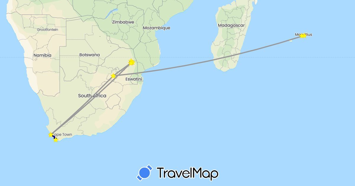 TravelMap itinerary: driving, plane in Mauritius, South Africa (Africa)