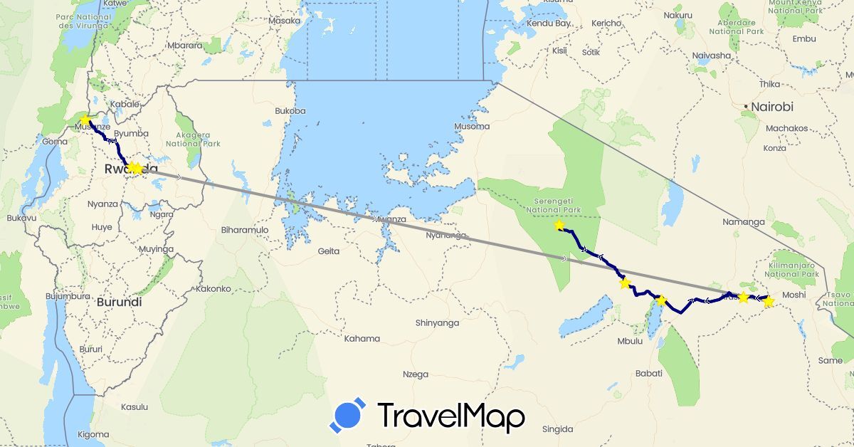 TravelMap itinerary: driving, plane in Rwanda, Tanzania (Africa)