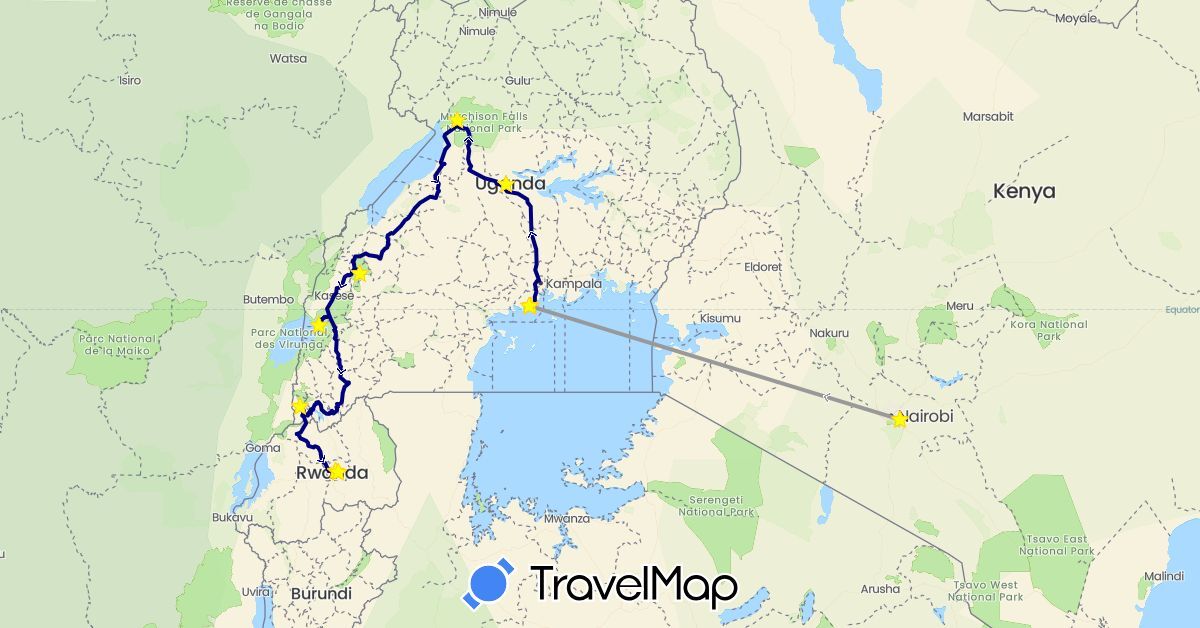 TravelMap itinerary: driving, plane in Kenya, Rwanda, Uganda (Africa)
